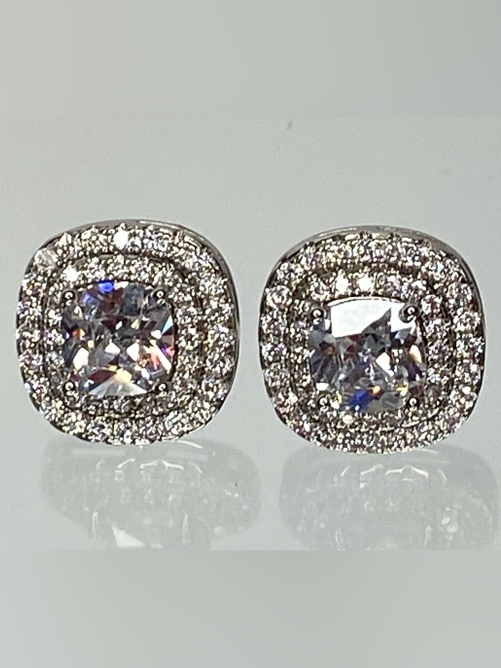 Classic White CZ Halo Stud Earrings - rhodium plated - Picture 2 of 5